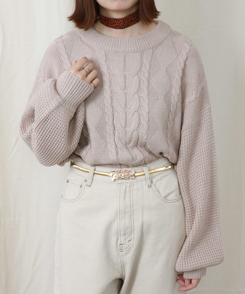 PairPair（ペアペア）の「ヒョウ柄スカーフ付ケーブルニットプルオーバー（ニット/セーター・レディース・ブラウン系その他/ライトベージュ/レンガ・FREE）」の4枚目の写真