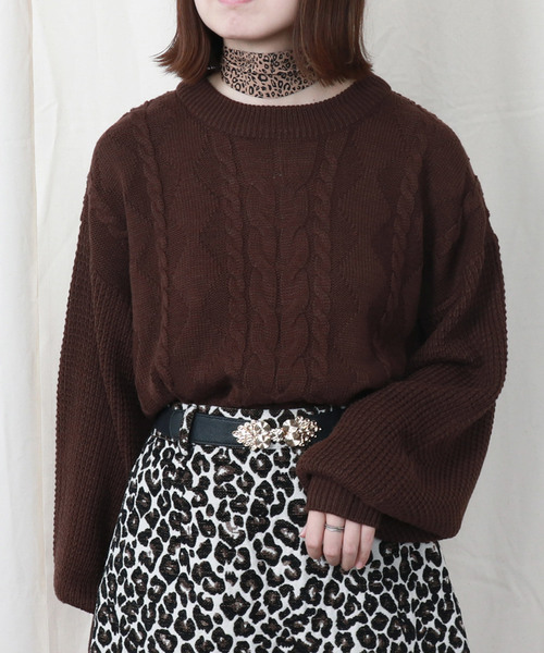 PairPair（ペアペア）の「ヒョウ柄スカーフ付ケーブルニットプルオーバー（ニット/セーター・レディース・ブラウン系その他/ライトベージュ/レンガ・FREE）」の22枚目の写真