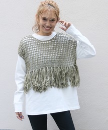 【Avvenente】ハンドニット透かし編み裾フリンジニット