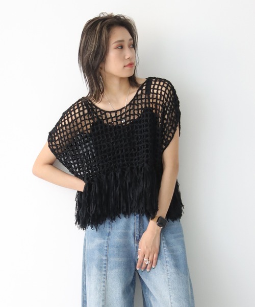 Avvenente(アベネンテ)の「【Avvenente】ハンドニット透かし編み裾フリンジニット(ニット/セーター・レディース・ブラック/ターコイズブルー/ライトカーキ/ライトベージュ・M)」の1枚目の写真