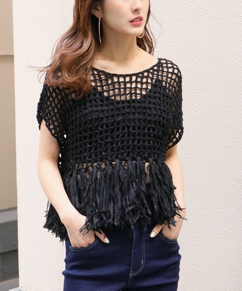 Avvenente(アベネンテ)の「【Avvenente】ハンドニット透かし編み裾フリンジニット(ニット/セーター・レディース・ブラック/ターコイズブルー/ライトカーキ/ライトベージュ・M)」の5枚目の写真