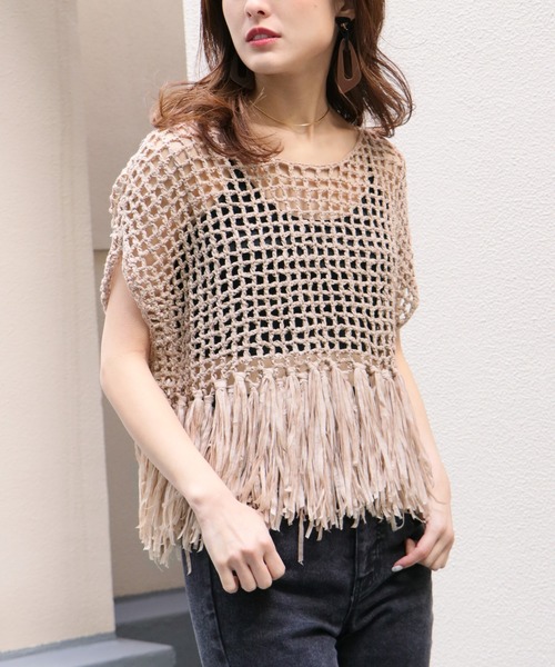 Avvenente(アベネンテ)の「【Avvenente】ハンドニット透かし編み裾フリンジニット(ニット/セーター・レディース・ブラック/ターコイズブルー/ライトカーキ/ライトベージュ・M)」の7枚目の写真