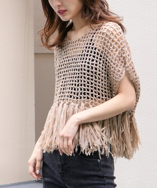 Avvenente(アベネンテ)の「【Avvenente】ハンドニット透かし編み裾フリンジニット(ニット/セーター・レディース・ブラック/ターコイズブルー/ライトカーキ/ライトベージュ・M)」の8枚目の写真
