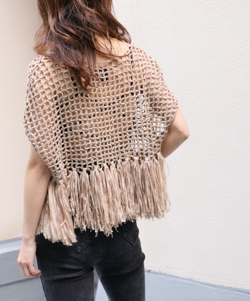 Avvenente(アベネンテ)の「【Avvenente】ハンドニット透かし編み裾フリンジニット(ニット/セーター・レディース・ブラック/ターコイズブルー/ライトカーキ/ライトベージュ・M)」の9枚目の写真
