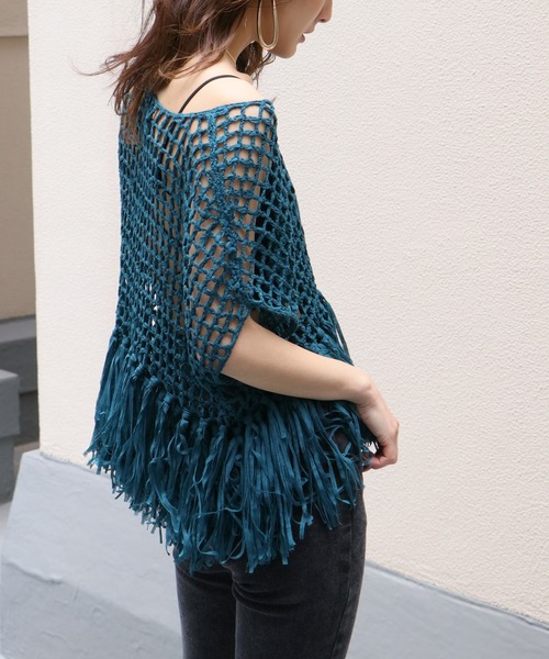 Avvenente(アベネンテ)の「【Avvenente】ハンドニット透かし編み裾フリンジニット(ニット/セーター・レディース・ブラック/ターコイズブルー/ライトカーキ/ライトベージュ・M)」の10枚目の写真