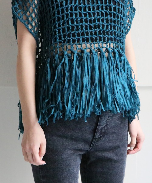Avvenente(アベネンテ)の「【Avvenente】ハンドニット透かし編み裾フリンジニット(ニット/セーター・レディース・ブラック/ターコイズブルー/ライトカーキ/ライトベージュ・M)」の16枚目の写真