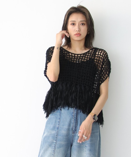 Avvenente(アベネンテ)の「【Avvenente】ハンドニット透かし編み裾フリンジニット(ニット/セーター・レディース・ブラック/ターコイズブルー/ライトカーキ/ライトベージュ・M)」の19枚目の写真