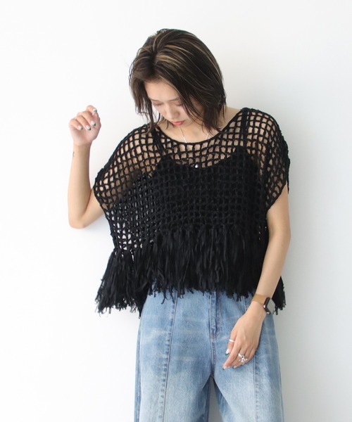 Avvenente(アベネンテ)の「【Avvenente】ハンドニット透かし編み裾フリンジニット(ニット/セーター・レディース・ブラック/ターコイズブルー/ライトカーキ/ライトベージュ・M)」の20枚目の写真