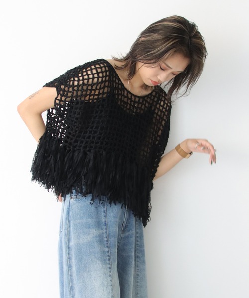 Avvenente(アベネンテ)の「【Avvenente】ハンドニット透かし編み裾フリンジニット(ニット/セーター・レディース・ブラック/ターコイズブルー/ライトカーキ/ライトベージュ・M)」の21枚目の写真