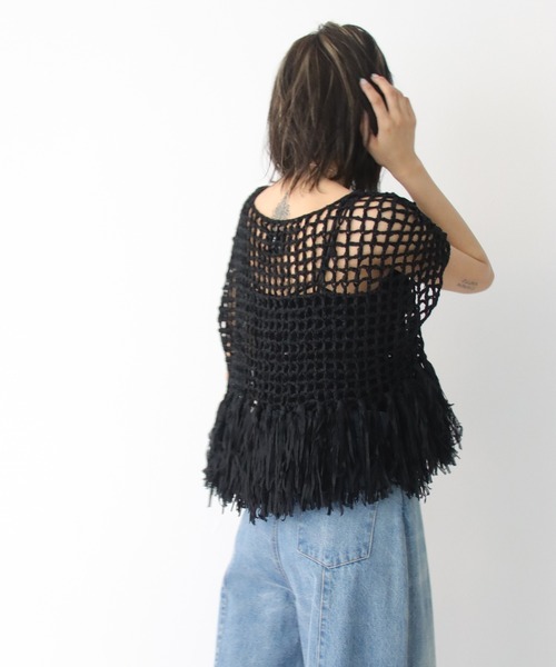 Avvenente(アベネンテ)の「【Avvenente】ハンドニット透かし編み裾フリンジニット(ニット/セーター・レディース・ブラック/ターコイズブルー/ライトカーキ/ライトベージュ・M)」の22枚目の写真