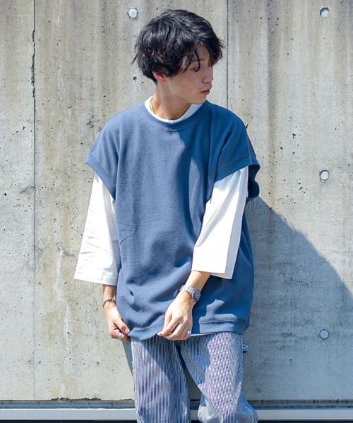 PLUS ONE（プラスワン）の「【PLUS ONE】7分袖ベストレイヤード（Tシャツ/カットソー・メンズ・ブルー/ケリー/ライトベージュ・M/L/XL）」の3枚目の写真