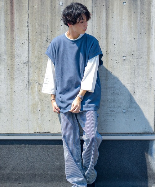 PLUS ONE（プラスワン）の「【PLUS ONE】7分袖ベストレイヤード（Tシャツ/カットソー・メンズ・ブルー/ケリー/ライトベージュ・M/L/XL）」の16枚目の写真