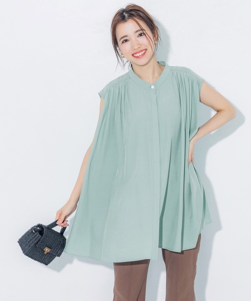 coca(coca)(コカ)の「バンドカラーギャザーブラウス(シャツ/ブラウス・レディース・ライトブルー/ブラック・ONE SIZE)」の2枚目の写真