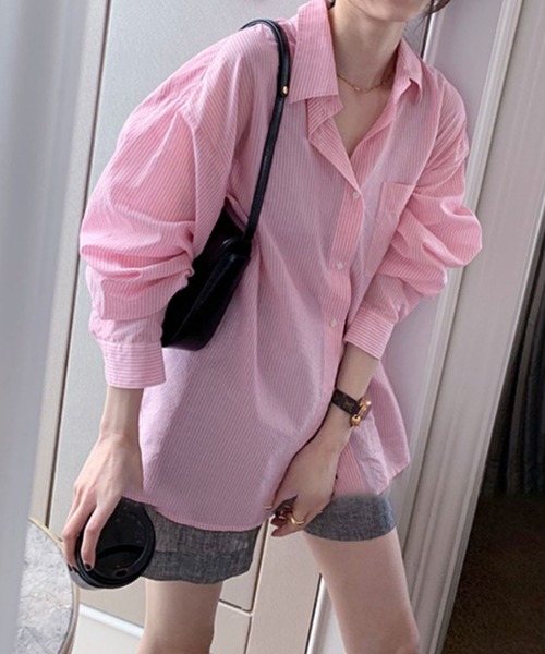 me+em select（ミームセレクト）の「カラーストライプコットンBIGシャツ（シャツ/ブラウス・レディース・ブラック/ブルー/グリーン/ピンク・FREE）」の4枚目の写真