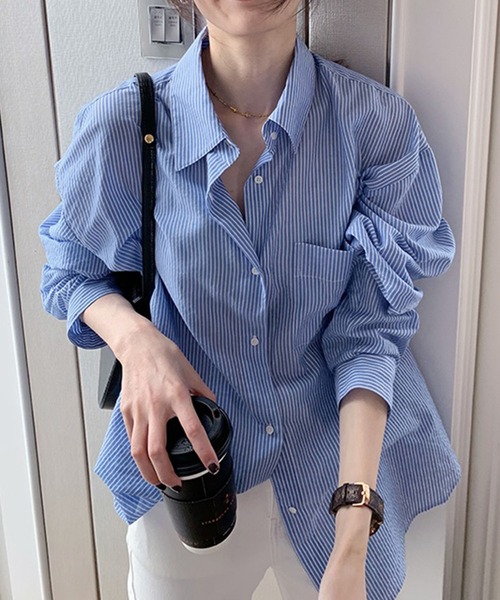 me+em select（ミームセレクト）の「カラーストライプコットンBIGシャツ（シャツ/ブラウス・レディース・ブラック/ブルー/グリーン/ピンク・FREE）」の3枚目の写真