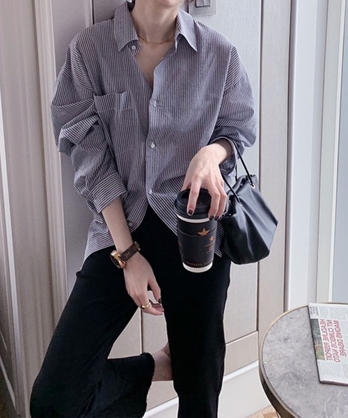 me+em select（ミームセレクト）の「カラーストライプコットンBIGシャツ（シャツ/ブラウス・レディース・ブラック/ブルー/グリーン/ピンク・FREE）」の10枚目の写真