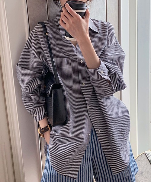 me+em select（ミームセレクト）の「カラーストライプコットンBIGシャツ（シャツ/ブラウス・レディース・ブラック/ブルー/グリーン/ピンク・FREE）」の11枚目の写真