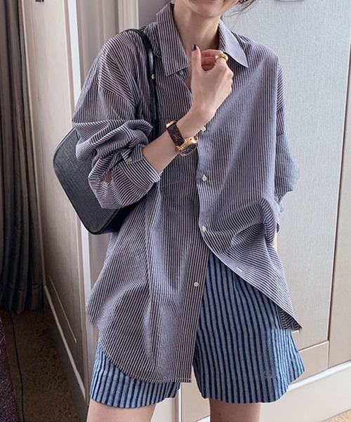 me+em select（ミームセレクト）の「カラーストライプコットンBIGシャツ（シャツ/ブラウス・レディース・ブラック/ブルー/グリーン/ピンク・FREE）」の12枚目の写真