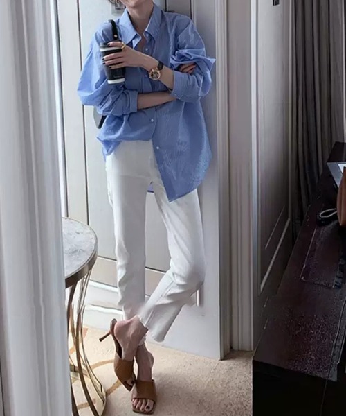 me+em select（ミームセレクト）の「カラーストライプコットンBIGシャツ（シャツ/ブラウス・レディース・ブラック/ブルー/グリーン/ピンク・FREE）」の13枚目の写真