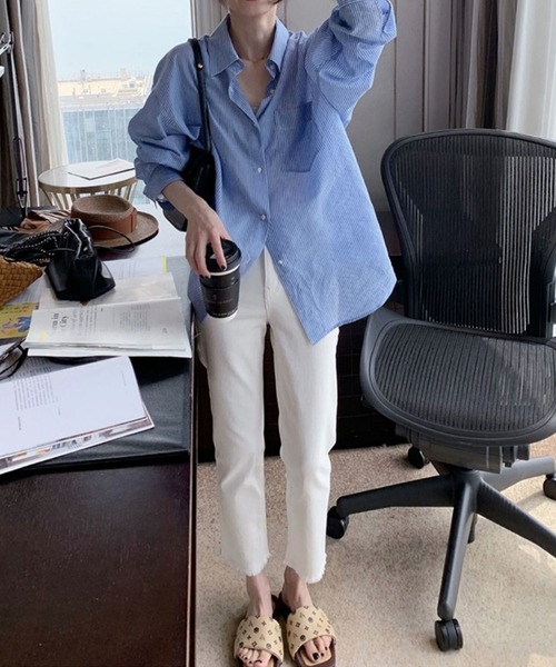 me+em select（ミームセレクト）の「カラーストライプコットンBIGシャツ（シャツ/ブラウス・レディース・ブラック/ブルー/グリーン/ピンク・FREE）」の14枚目の写真