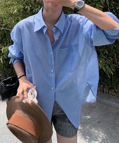 me+em select（ミームセレクト）の「カラーストライプコットンBIGシャツ（シャツ/ブラウス・レディース・ブラック/ブルー/グリーン/ピンク・FREE）」の15枚目の写真