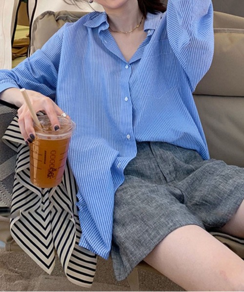 me+em select（ミームセレクト）の「カラーストライプコットンBIGシャツ（シャツ/ブラウス・レディース・ブラック/ブルー/グリーン/ピンク・FREE）」の16枚目の写真