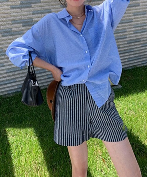 me+em select（ミームセレクト）の「カラーストライプコットンBIGシャツ（シャツ/ブラウス・レディース・ブラック/ブルー/グリーン/ピンク・FREE）」の17枚目の写真