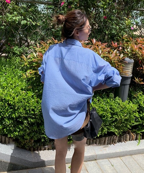 me+em select（ミームセレクト）の「カラーストライプコットンBIGシャツ（シャツ/ブラウス・レディース・ブラック/ブルー/グリーン/ピンク・FREE）」の19枚目の写真