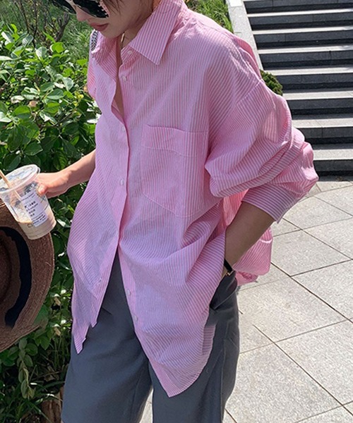 me+em select（ミームセレクト）の「カラーストライプコットンBIGシャツ（シャツ/ブラウス・レディース・ブラック/ブルー/グリーン/ピンク・FREE）」の7枚目の写真