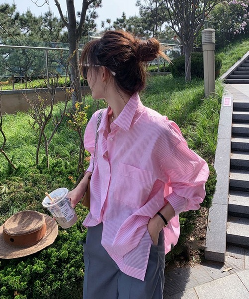 me+em select（ミームセレクト）の「カラーストライプコットンBIGシャツ（シャツ/ブラウス・レディース・ブラック/ブルー/グリーン/ピンク・FREE）」の8枚目の写真