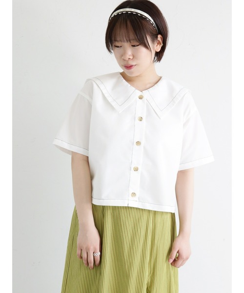 ehka sopo(エヘカソポ)の「カラーステッチビッグ衿ブラウス(シャツ/ブラウス・レディース・ブラック/オフホワイト/キナリ・フリ-)」の1枚目の写真