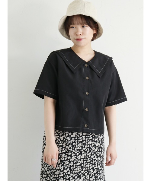 ehka sopo(エヘカソポ)の「カラーステッチビッグ衿ブラウス(シャツ/ブラウス・レディース・ブラック/オフホワイト/キナリ・フリ-)」の3枚目の写真