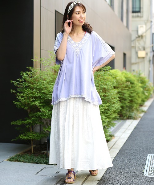 チチカカ（チチカカ）の「リサイクル素材ｘキカプリントチュニック（チュニック・レディース・ホワイト/パープル/グリーン・FREE）」の6枚目の写真