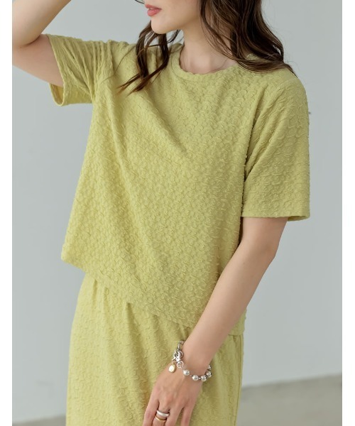 Re:EDIT（リエディ）の「クラッシュカットジャガード半袖カットソー（Tシャツ/カットソー・レディース・ブラック/ホワイト/ブルー/オレンジ/グリーン系その他/グリーン・MEDIUM）」の6枚目の写真