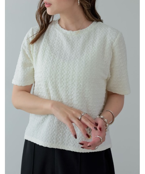 Re:EDIT（リエディ）の「クラッシュカットジャガード半袖カットソー（Tシャツ/カットソー・レディース・ブラック/ホワイト/ブルー/オレンジ/グリーン系その他/グリーン・MEDIUM）」の3枚目の写真