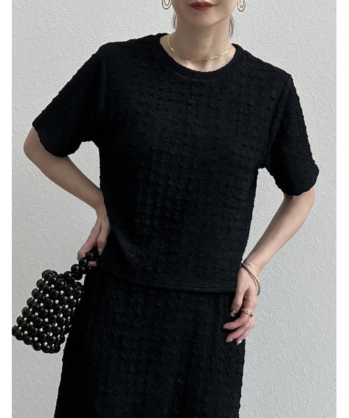 Re:EDIT（リエディ）の「クラッシュカットジャガード半袖カットソー（Tシャツ/カットソー・レディース・ブラック/ホワイト/ブルー/オレンジ/グリーン系その他/グリーン・MEDIUM）」の4枚目の写真