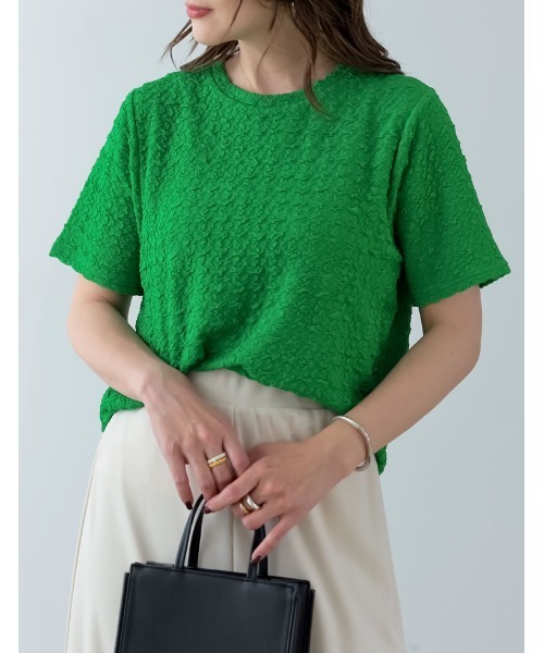 Re:EDIT（リエディ）の「クラッシュカットジャガード半袖カットソー（Tシャツ/カットソー・レディース・ブラック/ホワイト/ブルー/オレンジ/グリーン系その他/グリーン・MEDIUM）」の14枚目の写真