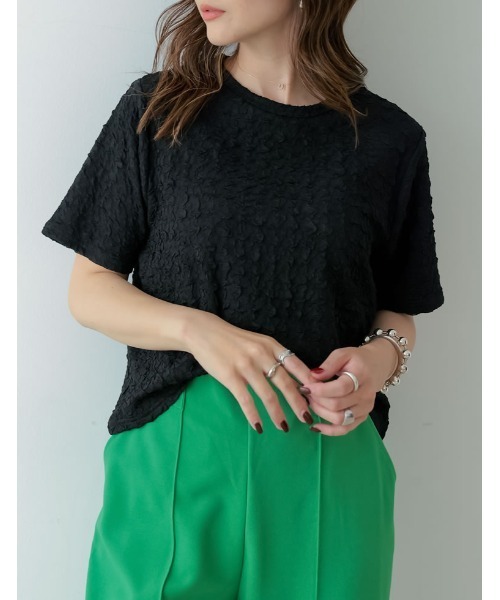 Re:EDIT（リエディ）の「クラッシュカットジャガード半袖カットソー（Tシャツ/カットソー・レディース・ブラック/ホワイト/ブルー/オレンジ/グリーン系その他/グリーン・MEDIUM）」の8枚目の写真