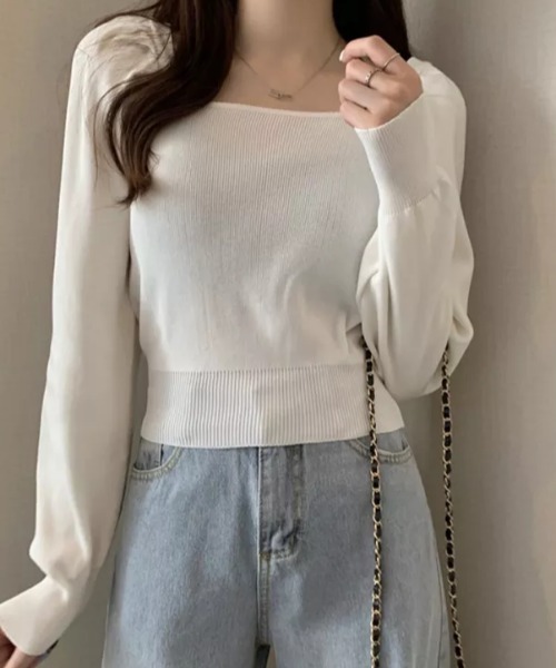 Loueme（ルエム）の「パフスリーブスクエアネックコンパクトニットトップス（ニット/セーター・レディース・その他1/ホワイト/ブラック/アイボリー・FREE）」の3枚目の写真