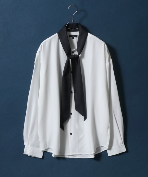 ANPAS(アンパス)の「Georgette Oversize Balloon Sleeve Scarf Collar Shirt/ジョーゼット オーバーサイズ バルーンスリーブ スカーフ襟 ボウタイ襟 シャツ(シャツ/ブラウス・メンズ・ホワイト/ブラック/ホワイト系その他・M/L)」の13枚目の写真