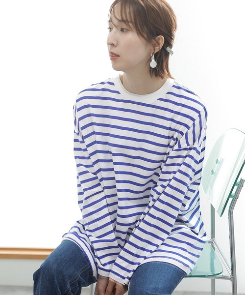 ElegChic(エレグシック)の「BIGボーダー ロング スリーブTシャツ(Tシャツ/カットソー・レディース・ホワイト×グレー/ホワイト×ブラック/ホワイト×ブルー・M~L/LL~3L/4L~5L)」の1枚目の写真