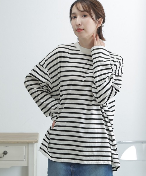 ElegChic(エレグシック)の「BIGボーダー ロング スリーブTシャツ(Tシャツ/カットソー・レディース・ホワイト×グレー/ホワイト×ブラック/ホワイト×ブルー・M~L/LL~3L/4L~5L)」の2枚目の写真