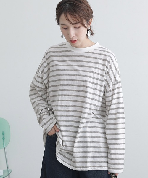 ElegChic(エレグシック)の「BIGボーダー ロング スリーブTシャツ(Tシャツ/カットソー・レディース・ホワイト×グレー/ホワイト×ブラック/ホワイト×ブルー・M~L/LL~3L/4L~5L)」の3枚目の写真