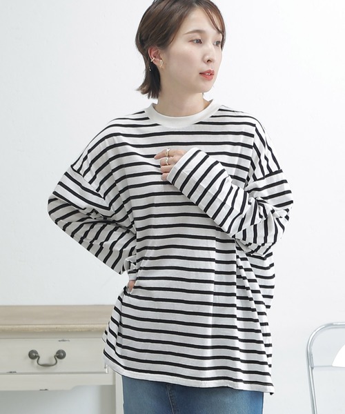 ElegChic(エレグシック)の「BIGボーダー ロング スリーブTシャツ(Tシャツ/カットソー・レディース・ホワイト×グレー/ホワイト×ブラック/ホワイト×ブルー・M~L/LL~3L/4L~5L)」の4枚目の写真