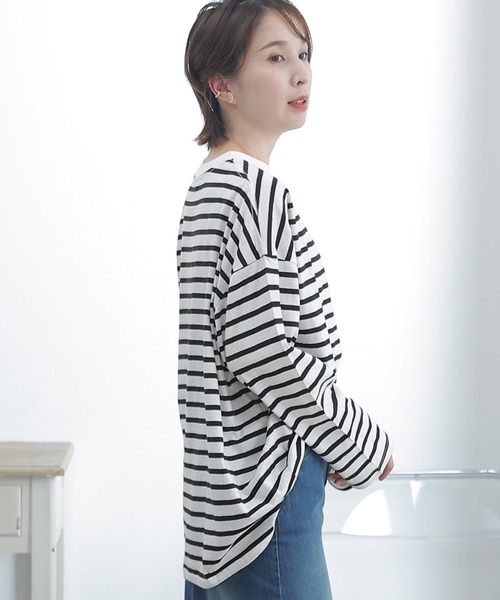 ElegChic(エレグシック)の「BIGボーダー ロング スリーブTシャツ(Tシャツ/カットソー・レディース・ホワイト×グレー/ホワイト×ブラック/ホワイト×ブルー・M~L/LL~3L/4L~5L)」の10枚目の写真