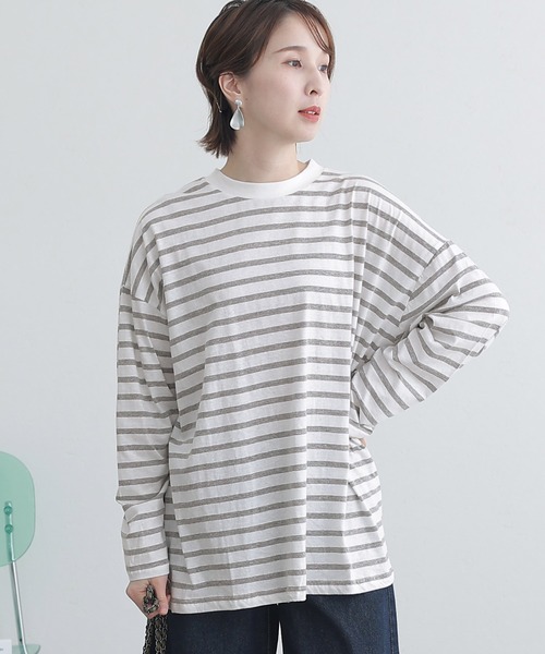 ElegChic(エレグシック)の「BIGボーダー ロング スリーブTシャツ(Tシャツ/カットソー・レディース・ホワイト×グレー/ホワイト×ブラック/ホワイト×ブルー・M~L/LL~3L/4L~5L)」の5枚目の写真