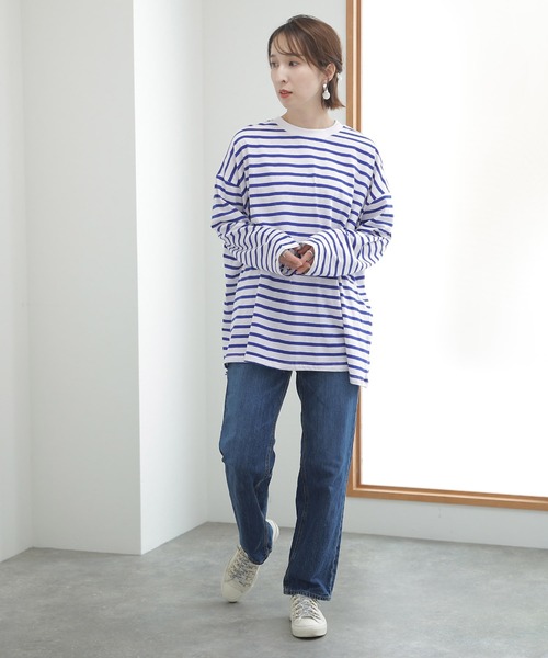 ElegChic(エレグシック)の「BIGボーダー ロング スリーブTシャツ(Tシャツ/カットソー・レディース・ホワイト×グレー/ホワイト×ブラック/ホワイト×ブルー・M~L/LL~3L/4L~5L)」の9枚目の写真