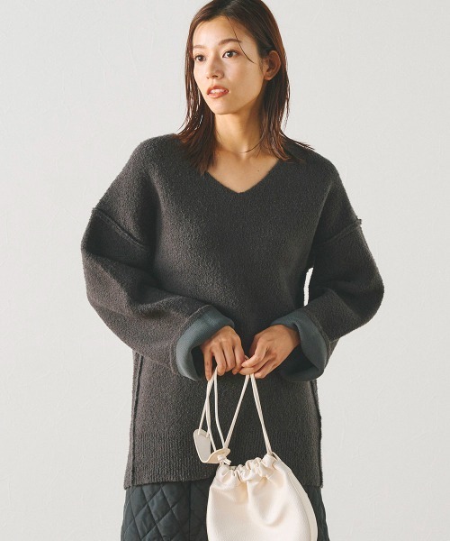 Droite lautreamont（ドロワットロートレアモン）の「Vネックブークレーニット《手洗い可能》（ニット/セーター・レディース・パープル/オフホワイト/チャコールグレー・M）」の2枚目の写真