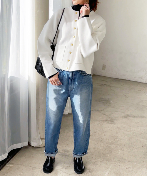 Spick & Span（スピックアンドスパン）の「接結ニットジャケット（カーディガン/ボレロ・レディース・ネイビー/ホワイト・FREE）」の6枚目の写真