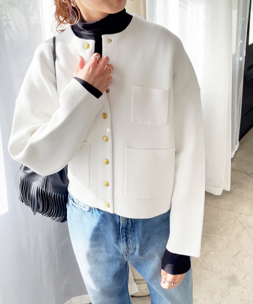 Spick & Span（スピックアンドスパン）の「接結ニットジャケット（カーディガン/ボレロ・レディース・ネイビー/ホワイト・FREE）」の7枚目の写真